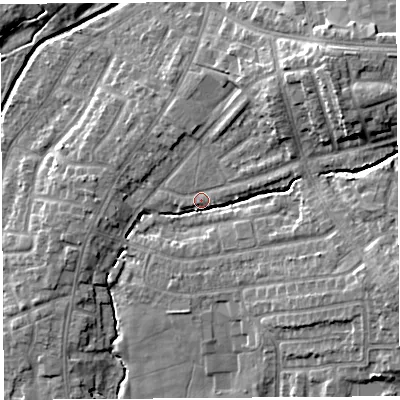 Shaded relief map of the ground around PR252GH, computed from Environment Agency LiDAR. The ground here sits at about 22 m above sea level and falls 14 m across the surrounding 800 m. Surface water reaching this point runs off ground lying to the north-east, 10.5 m higher.