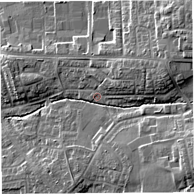 Shaded relief map of the ground around PR252QD, computed from Environment Agency LiDAR. The ground here sits at about 28 m above sea level and falls 15 m across the surrounding 800 m. Surface water reaching this point runs off ground lying to the east-north-east, 6.5 m higher.