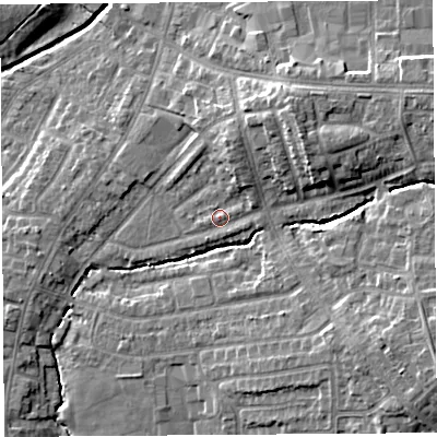 Shaded relief map of the ground around PR252QH, computed from Environment Agency LiDAR. The ground here sits at about 23 m above sea level and falls 14 m across the surrounding 800 m. Surface water reaching this point runs off ground lying to the north-north-east, 4.6 m higher.