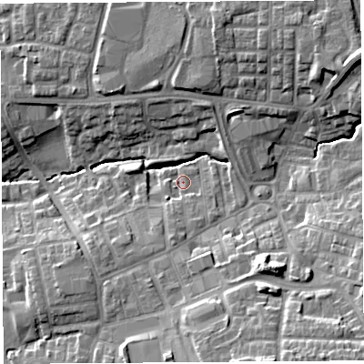 Shaded relief map of the ground around PR252SL, computed from Environment Agency LiDAR. The ground here sits at about 33 m above sea level and falls 19 m across the surrounding 800 m. Surface water reaching this point runs off ground lying to the south, 3.5 m higher.