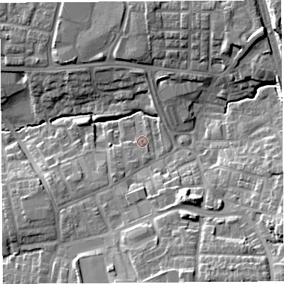 Shaded relief map of the ground around PR252SX, computed from Environment Agency LiDAR. The ground here sits at about 34 m above sea level and falls 19 m across the surrounding 800 m. Surface water reaching this point runs off ground lying to the south-south-west, 2.1 m higher.
