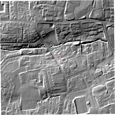 Shaded relief map of the ground around PR252TT, computed from Environment Agency LiDAR. The ground here sits at about 33 m above sea level and falls 18 m across the surrounding 800 m. Surface water reaching this point runs off ground lying to the south-east, 13.3 m higher.