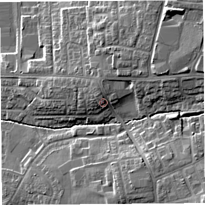 Shaded relief map of the ground around PR252TU, computed from Environment Agency LiDAR. The ground here sits at about 34 m above sea level and falls 17 m across the surrounding 800 m. Surface water reaching this point runs off ground lying to the north-north-west, 3.5 m higher.