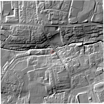 Shaded relief map of the ground around PR252TY, computed from Environment Agency LiDAR. The ground here sits at about 30 m above sea level and falls 18 m across the surrounding 800 m. Surface water reaching this point runs off ground lying to the south-south-east, 7.2 m higher.