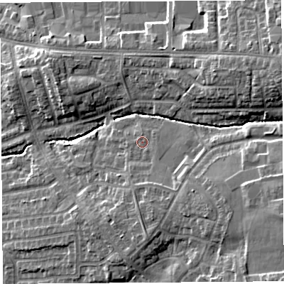 Shaded relief map of the ground around PR252XA, computed from Environment Agency LiDAR. The ground here sits at about 27 m above sea level and falls 15 m across the surrounding 800 m. Surface water reaching this point runs off ground lying to the south-east, 1.2 m higher.