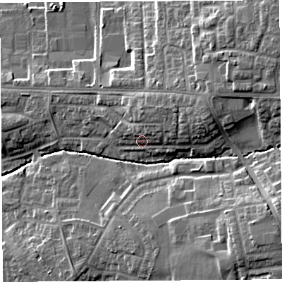 Shaded relief map of the ground around PR252XP, computed from Environment Agency LiDAR. The ground here sits at about 30 m above sea level and falls 15 m across the surrounding 800 m. Surface water reaching this point runs off ground lying to the north-east, 5.2 m higher.