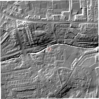 Shaded relief map of the ground around PR252XS, computed from Environment Agency LiDAR. The ground here sits at about 26 m above sea level and falls 14 m across the surrounding 800 m. Surface water reaching this point runs off ground lying to the east-north-east, 10.9 m higher.