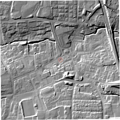 Shaded relief map of the ground around PR252YB, computed from Environment Agency LiDAR. The ground here sits at about 35 m above sea level and falls 22 m across the surrounding 800 m. Surface water reaching this point runs off ground lying to the east-south-east, 17.7 m higher.