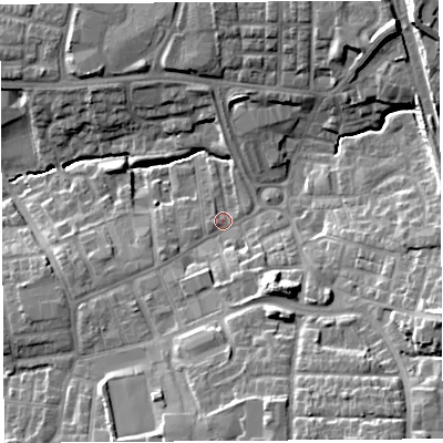 Shaded relief map of the ground around PR252YD, computed from Environment Agency LiDAR. The ground here sits at about 35 m above sea level and falls 20 m across the surrounding 800 m. Surface water reaching this point runs off ground lying to the south-east, 16.0 m higher.