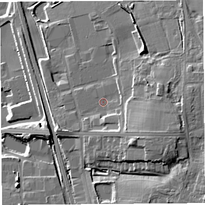 Shaded relief map of the ground around PR253GR, computed from Environment Agency LiDAR. The ground here sits at about 40 m above sea level and falls 17 m across the surrounding 800 m. Surface water reaching this point runs off ground lying to the east-south-east, 7.7 m higher.