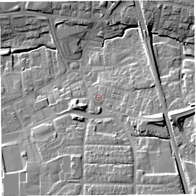 Shaded relief map of the ground around PR253HA, computed from Environment Agency LiDAR. The ground here sits at about 38 m above sea level and falls 21 m across the surrounding 800 m. Surface water reaching this point runs off ground lying to the south-east, 12.3 m higher.
