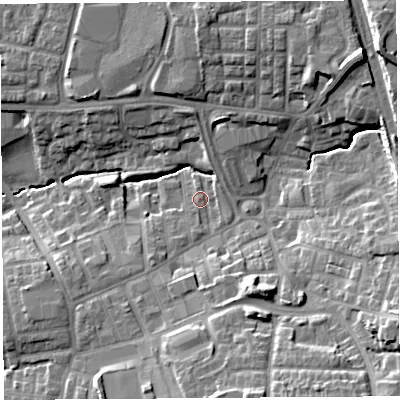 Shaded relief map of the ground around PR253ND, computed from Environment Agency LiDAR. The ground here sits at about 34 m above sea level and falls 19 m across the surrounding 800 m. Surface water reaching this point runs off ground lying to the south-east, 14.4 m higher.