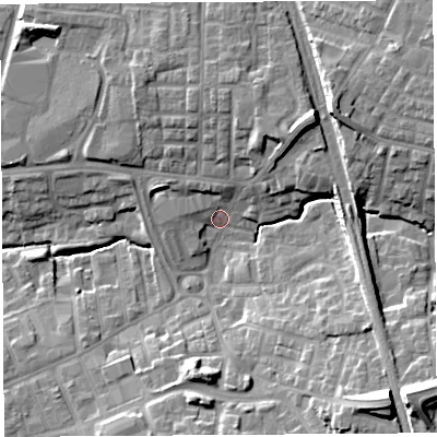 Shaded relief map of the ground around PR253NE, computed from Environment Agency LiDAR. The ground here sits at about 35 m above sea level and falls 21 m across the surrounding 800 m. Surface water reaching this point runs off ground lying to the north-east, 12.4 m higher.