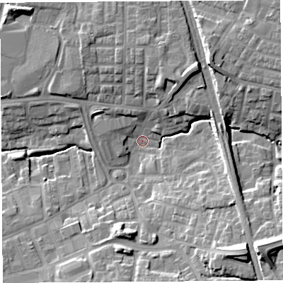 Shaded relief map of the ground around PR253NH, computed from Environment Agency LiDAR. The ground here sits at about 34 m above sea level and falls 20 m across the surrounding 800 m. Surface water reaching this point runs off ground lying to the south-east, 18.0 m higher.
