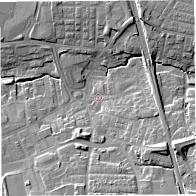 Shaded relief map of the ground around PR253NJ, computed from Environment Agency LiDAR. The ground here sits at about 35 m above sea level and falls 20 m across the surrounding 800 m. Surface water reaching this point runs off ground lying to the east-south-east, 16.4 m higher.