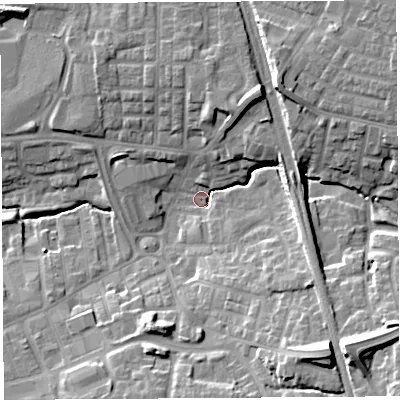 Shaded relief map of the ground around PR253NL, computed from Environment Agency LiDAR. The ground here sits at about 34 m above sea level and falls 20 m across the surrounding 800 m. Surface water reaching this point runs off ground lying to the south-east, 18.0 m higher.