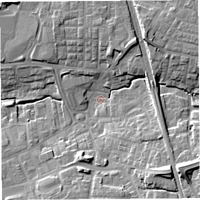 Shaded relief map of the ground around PR253SH, computed from Environment Agency LiDAR. The ground here sits at about 34 m above sea level and falls 20 m across the surrounding 800 m. Surface water reaching this point runs off ground lying to the south-east, 18.0 m higher.