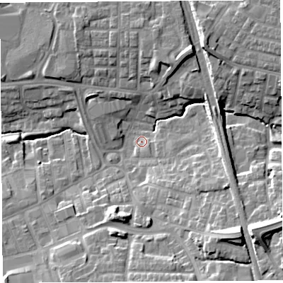 Shaded relief map of the ground around PR253SL, computed from Environment Agency LiDAR. The ground here sits at about 34 m above sea level and falls 20 m across the surrounding 800 m. Surface water reaching this point runs off ground lying to the south-east, 18.0 m higher.