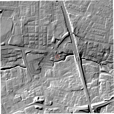 Shaded relief map of the ground around PR253SN, computed from Environment Agency LiDAR. The ground here sits at about 37 m above sea level and falls 20 m across the surrounding 800 m. Surface water reaching this point runs off ground lying to the north-east, 6.1 m higher.