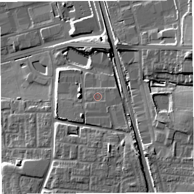 Shaded relief map of the ground around PR253UQ, computed from Environment Agency LiDAR. The ground here sits at about 39 m above sea level and falls 18 m across the surrounding 800 m. Surface water reaching this point runs off ground lying to the south-east, 0.8 m higher.