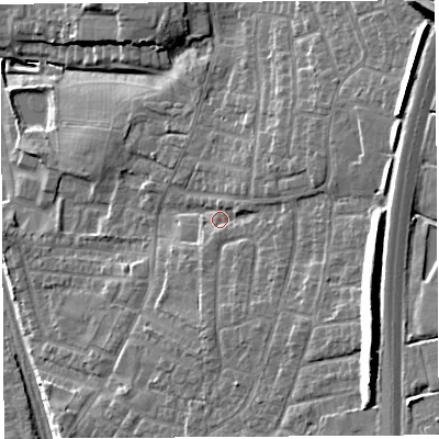 Shaded relief map of the ground around PR254AE, computed from Environment Agency LiDAR. The ground here sits at about 45 m above sea level and falls 22 m across the surrounding 800 m. Surface water reaching this point runs off ground lying to the east-south-east, 11.5 m higher.