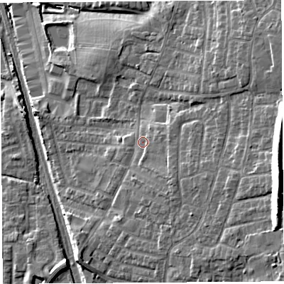 Shaded relief map of the ground around PR254GA, computed from Environment Agency LiDAR. The ground here sits at about 45 m above sea level and falls 19 m across the surrounding 800 m. Surface water reaching this point runs off ground lying to the south-east, 3.1 m higher.