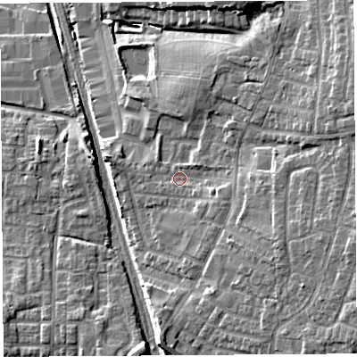 Shaded relief map of the ground around PR254GJ, computed from Environment Agency LiDAR. The ground here sits at about 43 m above sea level and falls 13 m across the surrounding 800 m. Surface water reaching this point runs off ground lying to the south-east, 5.1 m higher.