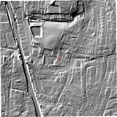 Shaded relief map of the ground around PR254GL, computed from Environment Agency LiDAR. The ground here sits at about 43 m above sea level and falls 14 m across the surrounding 800 m. Surface water reaching this point runs off ground lying to the east-north-east, 7.3 m higher.