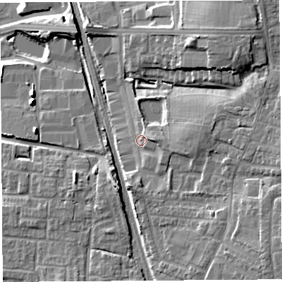 Shaded relief map of the ground around PR254GU, computed from Environment Agency LiDAR. The ground here sits at about 41 m above sea level and falls 16 m across the surrounding 800 m. Surface water reaching this point runs off ground lying to the south-east, 7.1 m higher.