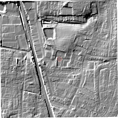 Shaded relief map of the ground around PR254JU, computed from Environment Agency LiDAR. The ground here sits at about 42 m above sea level and falls 14 m across the surrounding 800 m. Surface water reaching this point runs off ground lying to the east-north-east, 6.5 m higher.