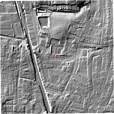 Shaded relief map of the ground around PR254QJ, computed from Environment Agency LiDAR. The ground here sits at about 43 m above sea level and falls 13 m across the surrounding 800 m. Surface water reaching this point runs off ground lying to the south-east, 5.1 m higher.