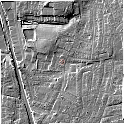 Shaded relief map of the ground around PR254QL, computed from Environment Agency LiDAR. The ground here sits at about 44 m above sea level and falls 17 m across the surrounding 800 m. Surface water reaching this point runs off ground lying to the east-south-east, 9.5 m higher.