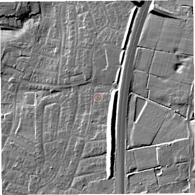 Shaded relief map of the ground around PR254UY, computed from Environment Agency LiDAR. The ground here sits at about 48 m above sea level and falls 19 m across the surrounding 800 m. Surface water reaching this point runs off ground lying to the east-south-east, 5.9 m higher.