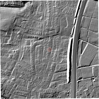 Shaded relief map of the ground around PR254XP, computed from Environment Agency LiDAR. The ground here sits at about 47 m above sea level and falls 18 m across the surrounding 800 m. Surface water reaching this point runs off ground lying to the south-east, 9.2 m higher.