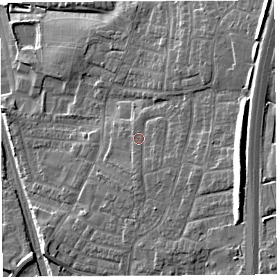 Shaded relief map of the ground around PR254XR, computed from Environment Agency LiDAR. The ground here sits at about 46 m above sea level and falls 19 m across the surrounding 800 m. Surface water reaching this point runs off ground lying to the south-east, 1.9 m higher.
