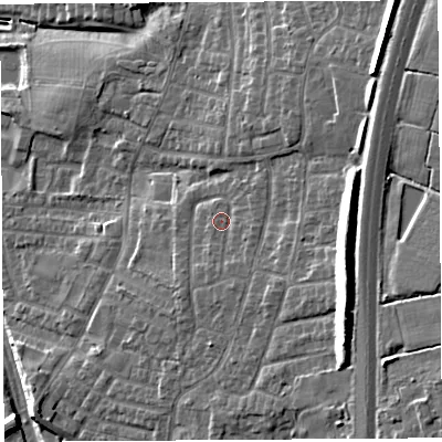 Shaded relief map of the ground around PR254XS, computed from Environment Agency LiDAR. The ground here sits at about 47 m above sea level and falls 18 m across the surrounding 800 m. Surface water reaching this point runs off ground lying to the east-south-east, 9.6 m higher.