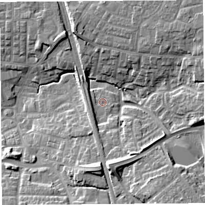 Shaded relief map of the ground around PR254XU, computed from Environment Agency LiDAR. The ground here sits at about 39 m above sea level and falls 20 m across the surrounding 800 m. Surface water reaching this point runs off ground lying to the south, 14.8 m higher.
