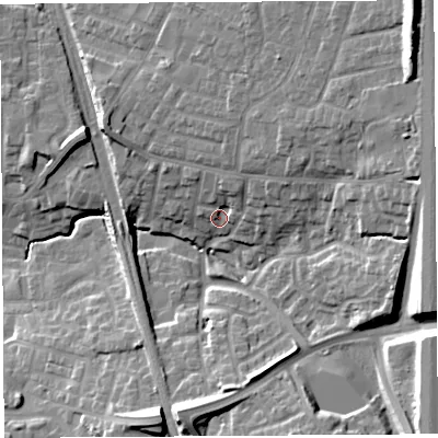 Shaded relief map of the ground around PR254YA, computed from Environment Agency LiDAR. The ground here sits at about 41 m above sea level and falls 23 m across the surrounding 800 m. Surface water reaching this point runs off ground lying to the east-north-east, 15.2 m higher.