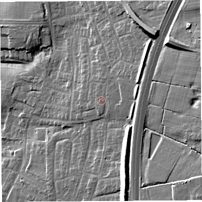 Shaded relief map of the ground around PR254YR, computed from Environment Agency LiDAR. The ground here sits at about 49 m above sea level and falls 19 m across the surrounding 800 m. Surface water reaching this point runs off ground lying to the east-north-east, 1.6 m higher.
