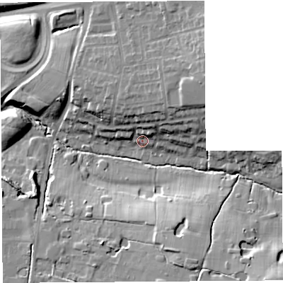 Shaded relief map of the ground around PR255UL, computed from Environment Agency LiDAR. The ground here sits at about 51 m above sea level and falls 24 m across the surrounding 800 m. Surface water reaching this point runs off ground lying to the north-north-east, 9.2 m higher.