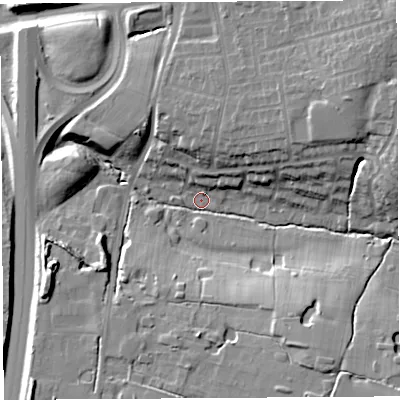 Shaded relief map of the ground around PR255UQ, computed from Environment Agency LiDAR. The ground here sits at about 47 m above sea level and falls 24 m across the surrounding 800 m. Surface water reaching this point runs off ground lying to the south-east, 19.2 m higher.