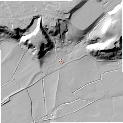 Shaded relief map of the ground around PR25AU, computed from Environment Agency LiDAR. The ground here sits at about 11 m above sea level and falls 43 m across the surrounding 800 m. Surface water reaching this point runs off ground lying to the north-east, 38.7 m higher.