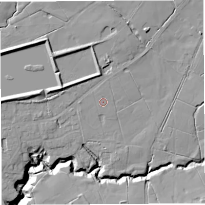 Shaded relief map of the ground around PR25DH, computed from Environment Agency LiDAR. The ground here sits at about 68 m above sea level and falls 21 m across the surrounding 800 m. Surface water reaching this point runs off ground lying to the north, 1.5 m higher.