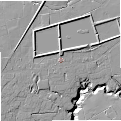 Shaded relief map of the ground around PR25JR, computed from Environment Agency LiDAR. The ground here sits at about 68 m above sea level and falls 20 m across the surrounding 800 m. Surface water reaching this point runs off ground lying to the north, 4.8 m higher.