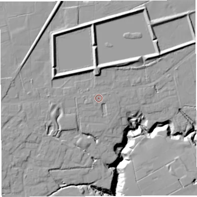 Shaded relief map of the ground around PR25JS, computed from Environment Agency LiDAR. The ground here sits at about 68 m above sea level and falls 20 m across the surrounding 800 m. Surface water reaching this point runs off ground lying to the west, 0.8 m higher.