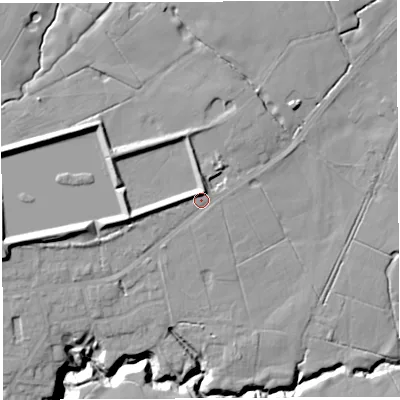 Shaded relief map of the ground around PR25JT, computed from Environment Agency LiDAR. The ground here sits at about 70 m above sea level and falls 21 m across the surrounding 800 m. Surface water reaching this point runs off ground lying to the north-north-east, 7.2 m higher.