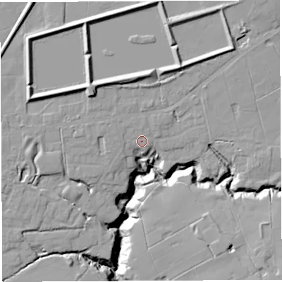 Shaded relief map of the ground around PR25LB, computed from Environment Agency LiDAR. The ground here sits at about 66 m above sea level and falls 21 m across the surrounding 800 m. Surface water reaching this point runs off ground lying to the north-west, 5.8 m higher.