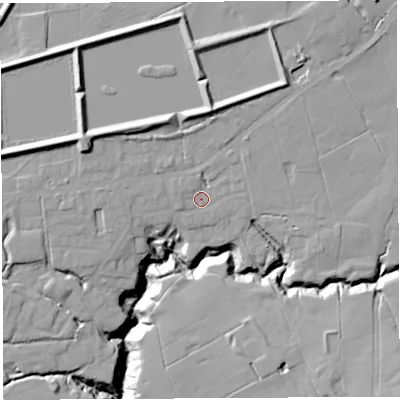 Shaded relief map of the ground around PR25LD, computed from Environment Agency LiDAR. The ground here sits at about 66 m above sea level and falls 22 m across the surrounding 800 m. Surface water reaching this point runs off ground lying to the north-east, 8.5 m higher.