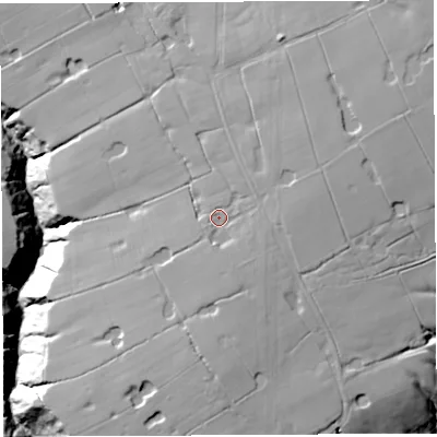 Shaded relief map of the ground around PR25LE, computed from Environment Agency LiDAR. The ground here sits at about 71 m above sea level and falls 33 m across the surrounding 800 m. Surface water reaching this point runs off ground lying to the south-south-east, 2.4 m higher.