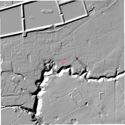 Shaded relief map of the ground around PR25LR, computed from Environment Agency LiDAR. The ground here sits at about 65 m above sea level and falls 21 m across the surrounding 800 m. Surface water reaching this point runs off ground lying to the north-north-east, 7.5 m higher.
